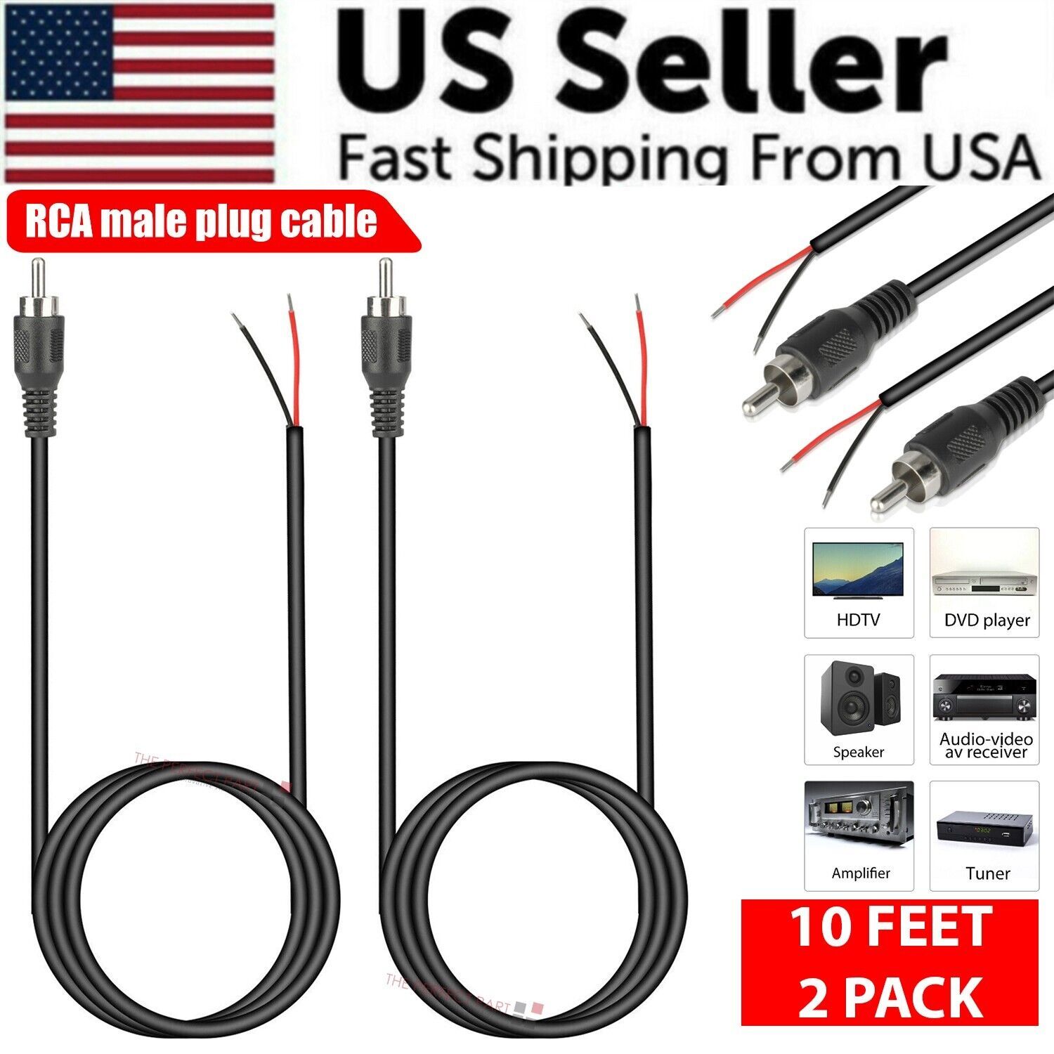 Home Cinema Installation - 2-Pack 10ft RCA Male Plug To